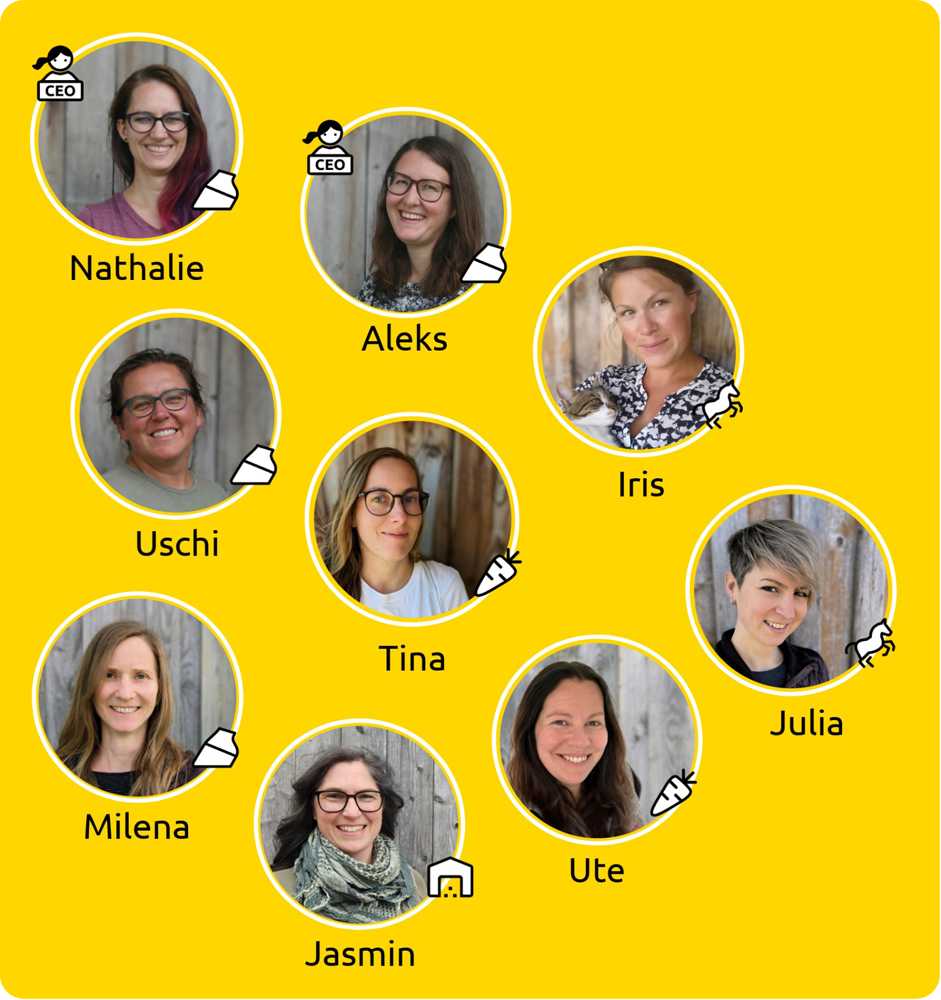 Das Kernteam der Akademie, bestehend aus: Aleks, Nathalie, Uschi, Iris, Tina, Ute, Milena, Julia, Jasmin